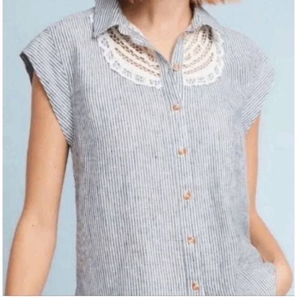 Anthropologie Maeve Women's Linen Camp Shirt Striped Blouse Lace Back Size Large - Picture 1 of 11